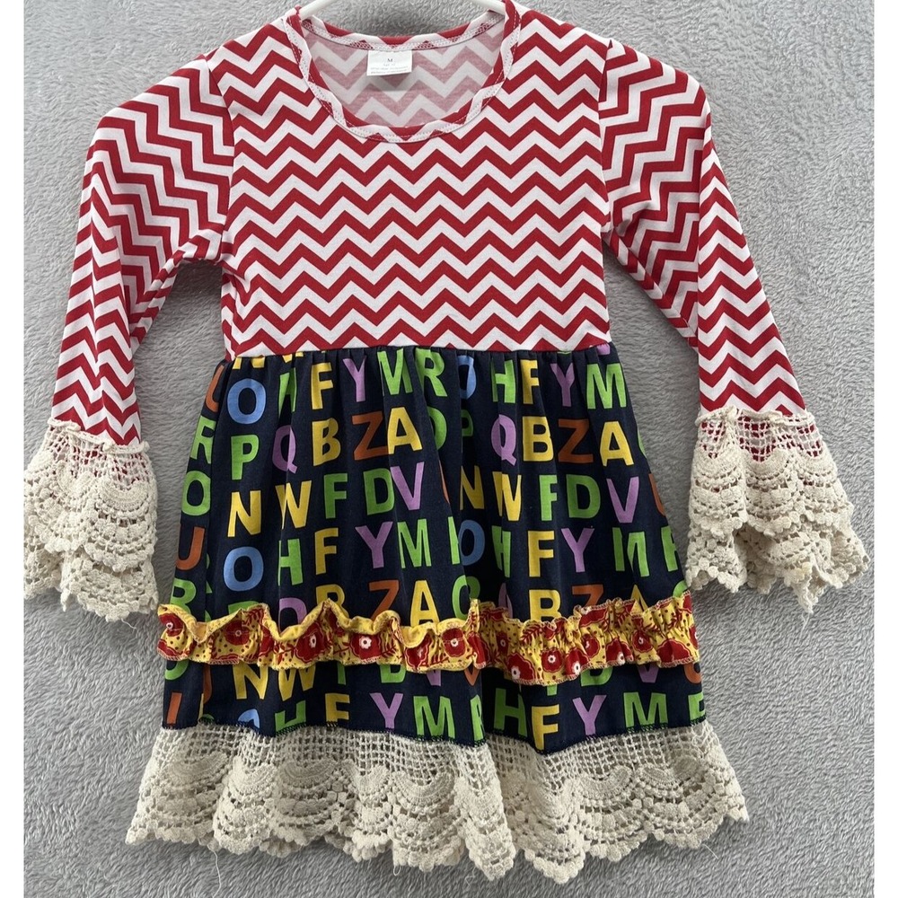 Boutique Girls Dress Sz 3T Red Chevron Long Sleeve Alphabet Ruffles Lace